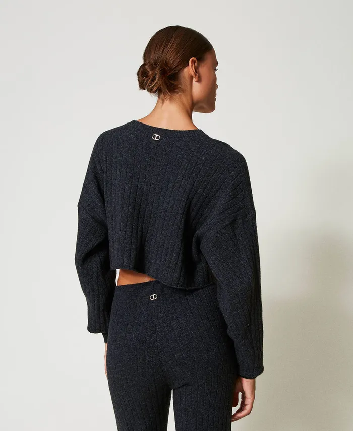 Twinset Wool Blend Cropped Jumper Melange Charcoal Grey Women Jumpers And Cardigans