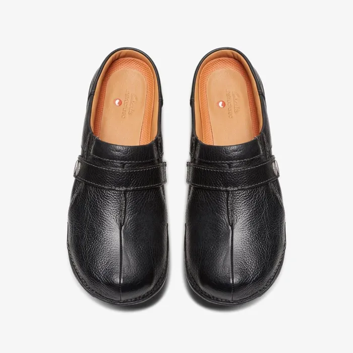 Un Loop Ease Black Leather Women Clarks Clogs and Mules