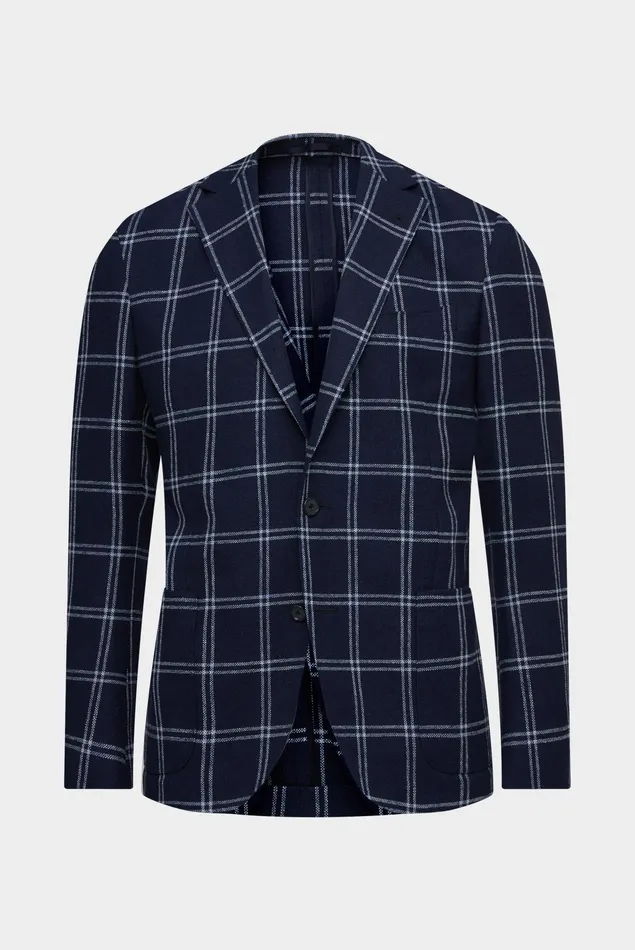 Van Laack Blazers Men Woolsilklinen Blend Jacket With Window Checks Blue