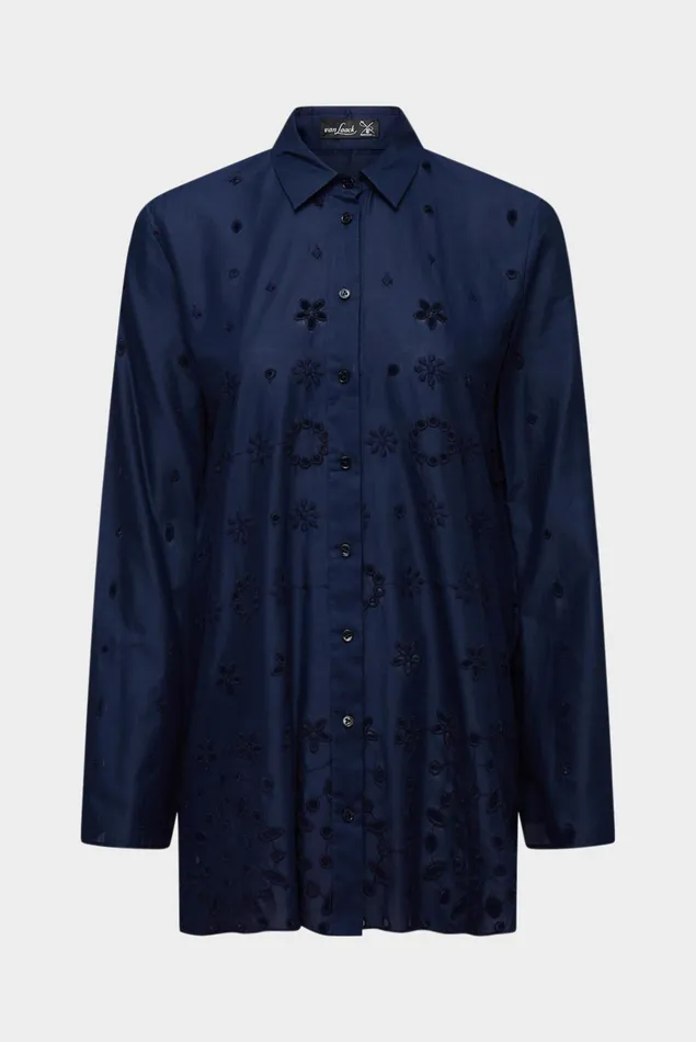 Van Laack Casual Blouses Women Cotton Blouse With Bell Sleeves And Broderie Anglaise Blue Van Laack Casual Blouses Women Cotton Blouse With Bell Sleeves And Broderie Anglaise Blue