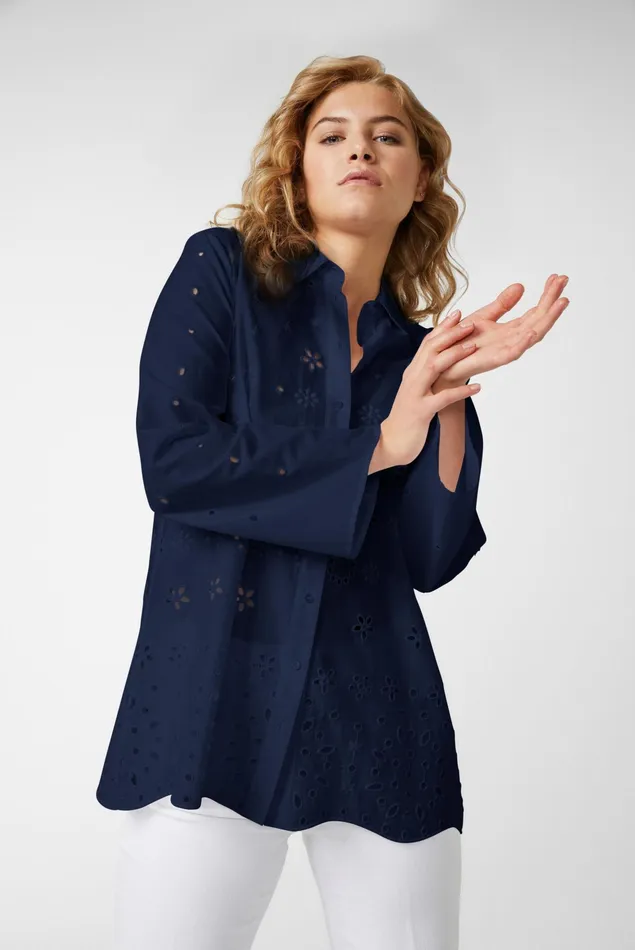 Van Laack Casual Blouses Women Cotton Blouse With Bell Sleeves And Broderie Anglaise Blue Van Laack Casual Blouses Women Cotton Blouse With Bell Sleeves And Broderie Anglaise Blue