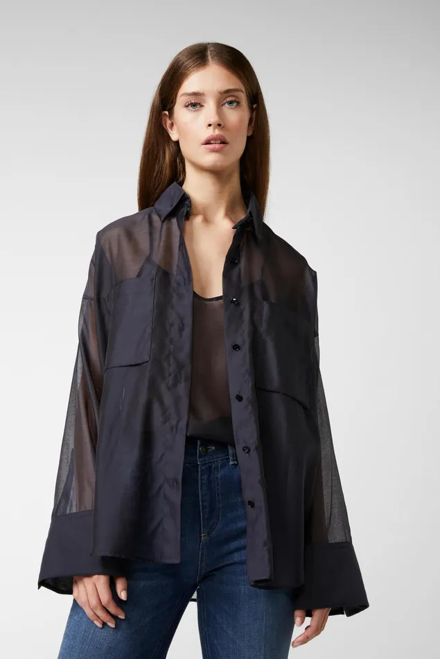 Van Laack Casual Blouses Women Oversize Shirt Blouse With Large Cuffs Navy