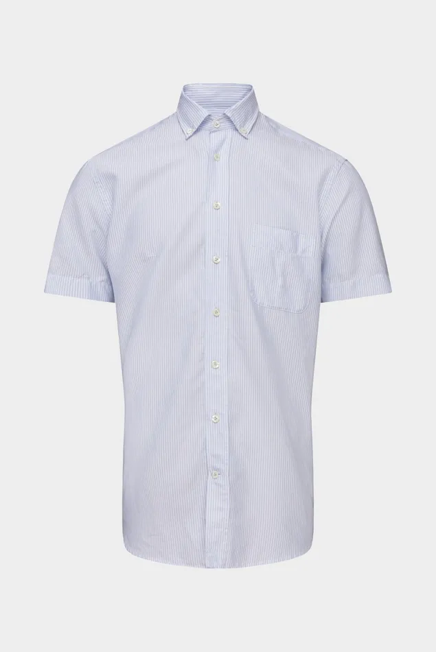 Van Laack Casual Shirts Men NarrowStriped FineOxford Washed ShortSleeved Shirt Blue