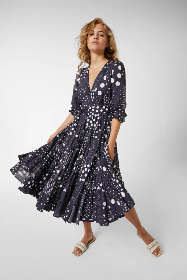 Van Laack Dresses and Skirts Women Cotton Voile Wrap Dress With Godet Details And Patchwork Dot Print Blue Van Laack Dresses and Skirts Women Cotton Voile Wrap Dress With Godet Details And Patchwork Dot Print Blue