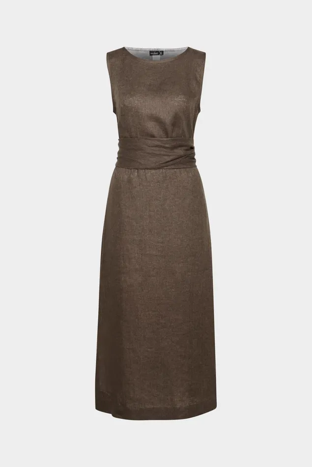 Van Laack Dresses and Skirts Women Sleeveless Midi Dress With Boat Neckline And Waist Belt Made Of Brown Linen Van Laack Dresses and Skirts Women Sleeveless Midi Dress With Boat Neckline And Waist Belt Made Of Brown Linen