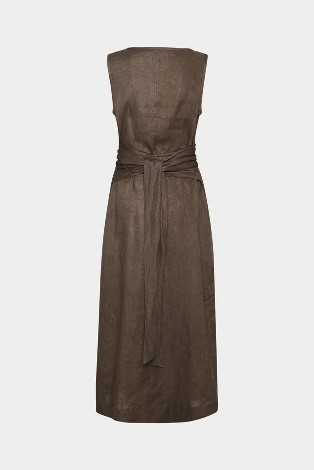 Van Laack Dresses and Skirts Women Sleeveless Midi Dress With Boat Neckline And Waist Belt Made Of Brown Linen Van Laack Dresses and Skirts Women Sleeveless Midi Dress With Boat Neckline And Waist Belt Made Of Brown Linen