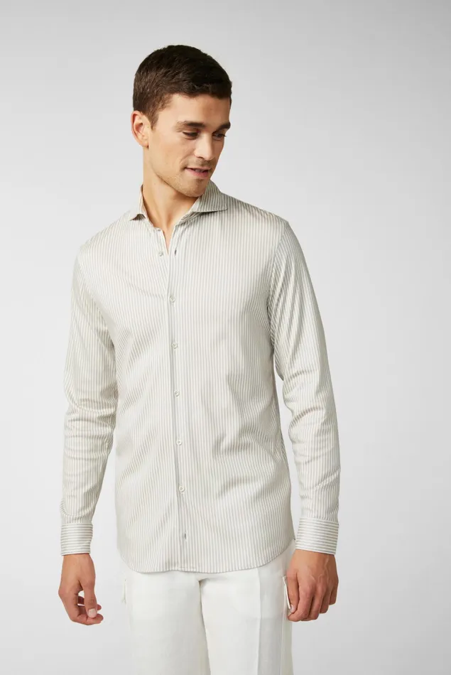 Van Laack Jersey Shirts Men Jersey Shirt With A Striped Print Made From Swiss Cotton Beige