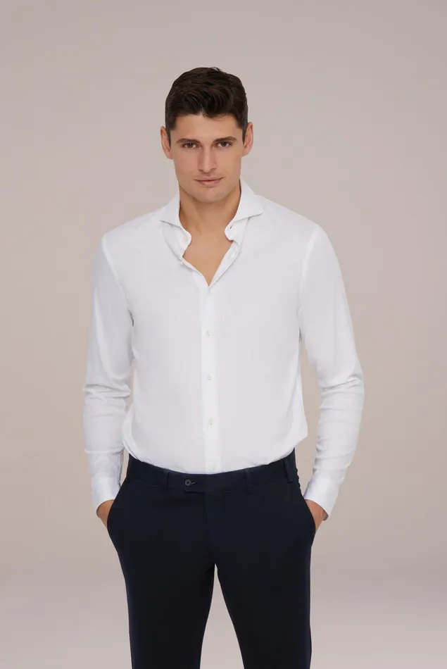 Van Laack Jersey Shirts Men Swiss Cotton Jersey Shirt Slim Fit White