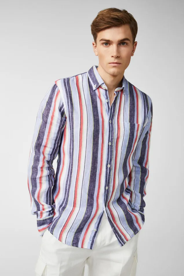 Van Laack Linen Shirts Men Linen Buttondown Hem With Stripe Printblaue Green