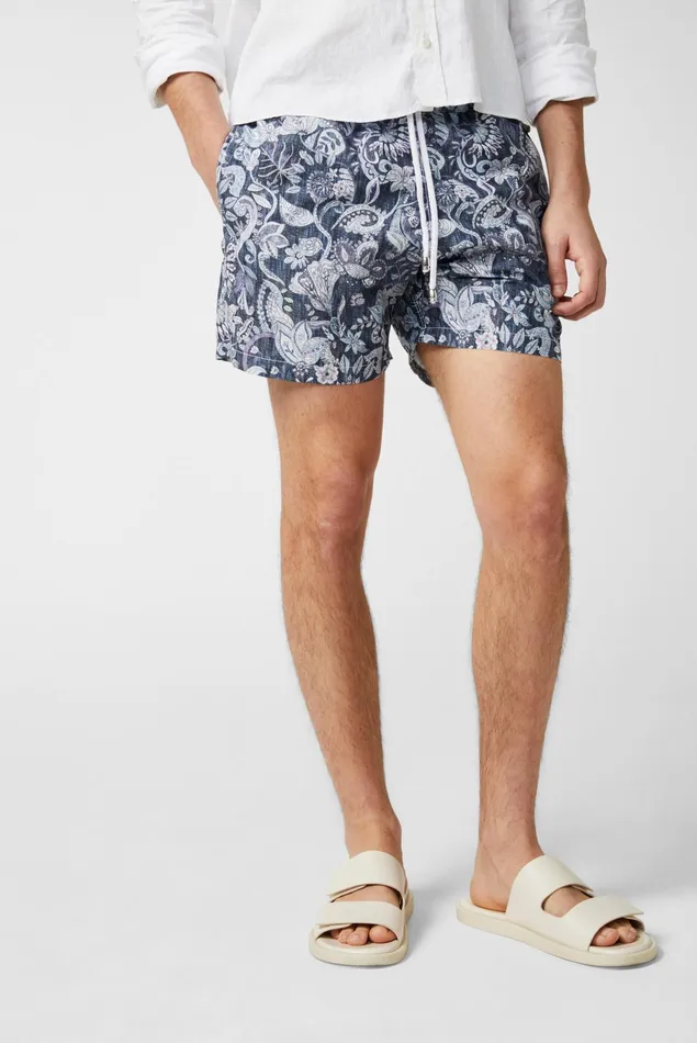 Van Laack Swimwear Men Straight Leg Swim Trunks With North Wind Denim Paysley Motif Blue