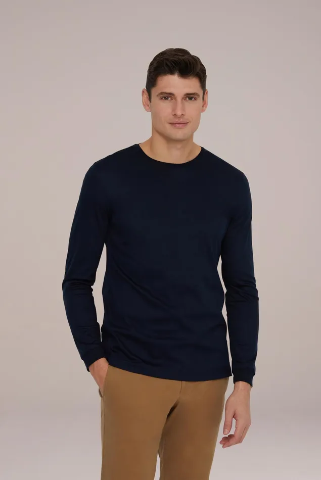 Van Laack TShirts Men Longsleeve Swiss Cotton Jersey Crew Neck TShirt Navy