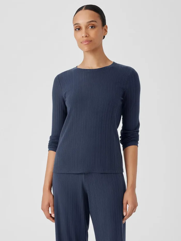 Variegated Rib Knit Crew Neck Top Ocean Women Eileen Fisher Tops and Tees