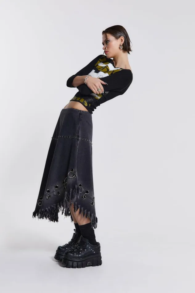 Vendetta Denim Midi Skirt Black Women Jaded London Skirts