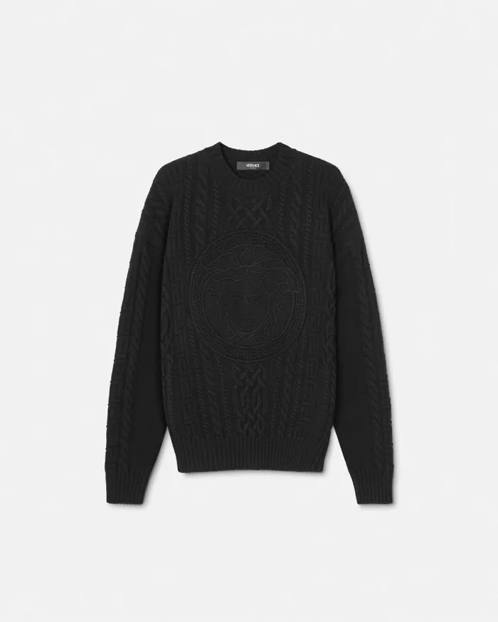 Versace Knitwear Medusa CableKnit Sweater Black 8211 Men