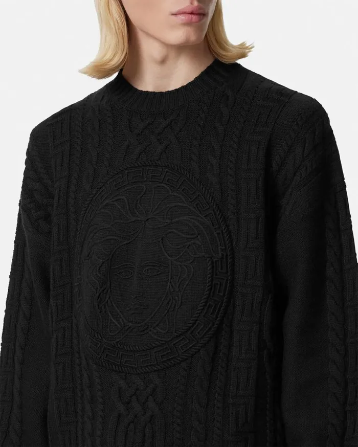 Versace Knitwear Medusa CableKnit Sweater Black 8211 Men Versace Knitwear Medusa CableKnit Sweater Black 8211 Men