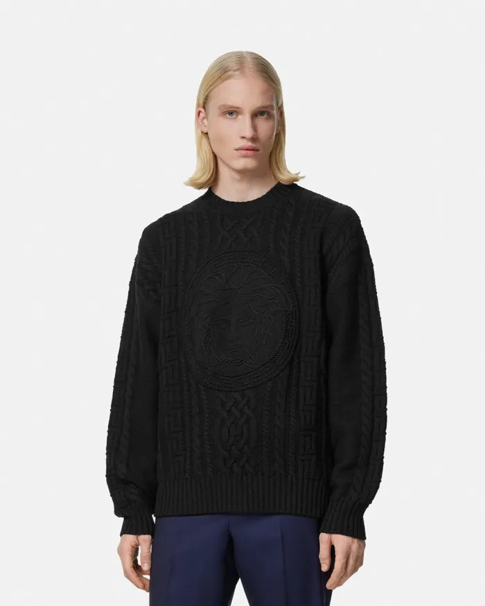 Versace Knitwear Medusa CableKnit Sweater Black 8211 Men Versace Knitwear Medusa CableKnit Sweater Black 8211 Men