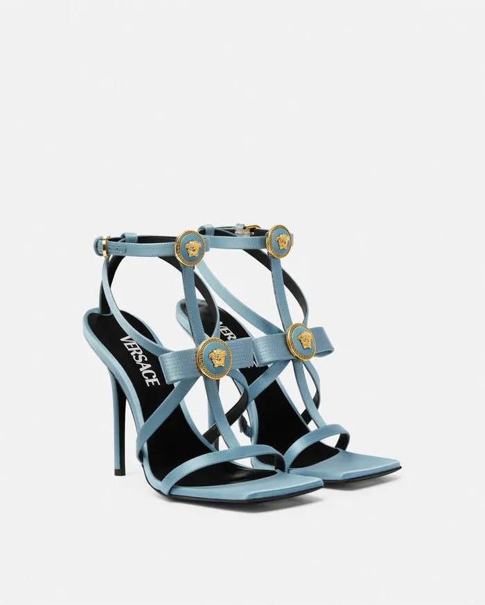 Versace Sandals Gianni Ribbon Satin Cage Sandals 110 Mm Light Blue 8211 Women Versace Sandals Gianni Ribbon Satin Cage Sandals 110 Mm Light Blue 8211 Women
