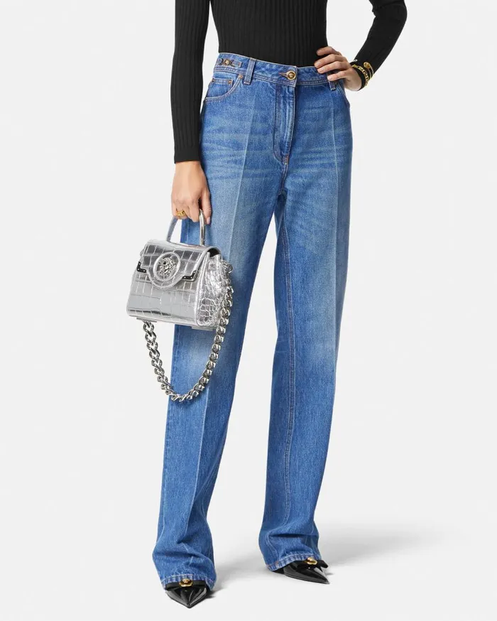 Versace Top Handle CrocEffect La Medusa Small Handbag Silver 8211 Women Versace Top Handle CrocEffect La Medusa Small Handbag Silver 8211 Women
