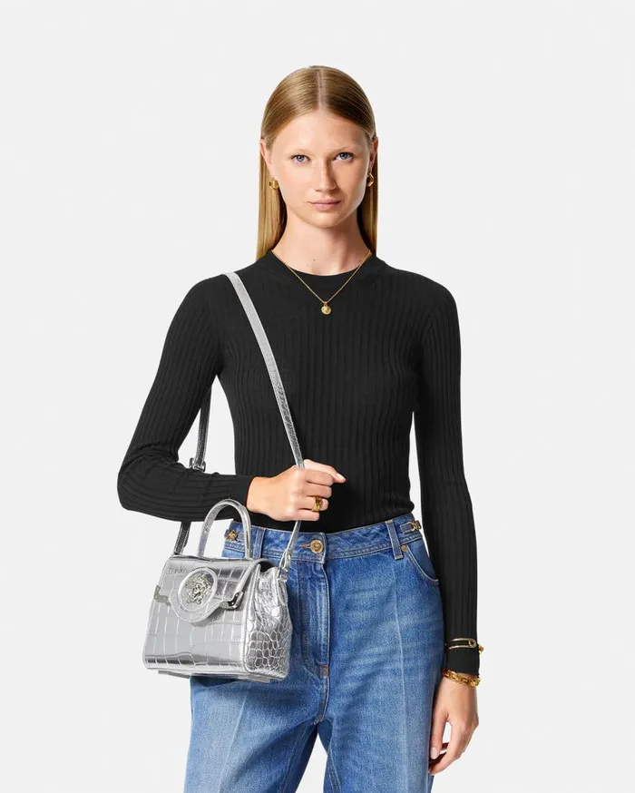 Versace Top Handle CrocEffect La Medusa Small Handbag Silver 8211 Women Versace Top Handle CrocEffect La Medusa Small Handbag Silver 8211 Women