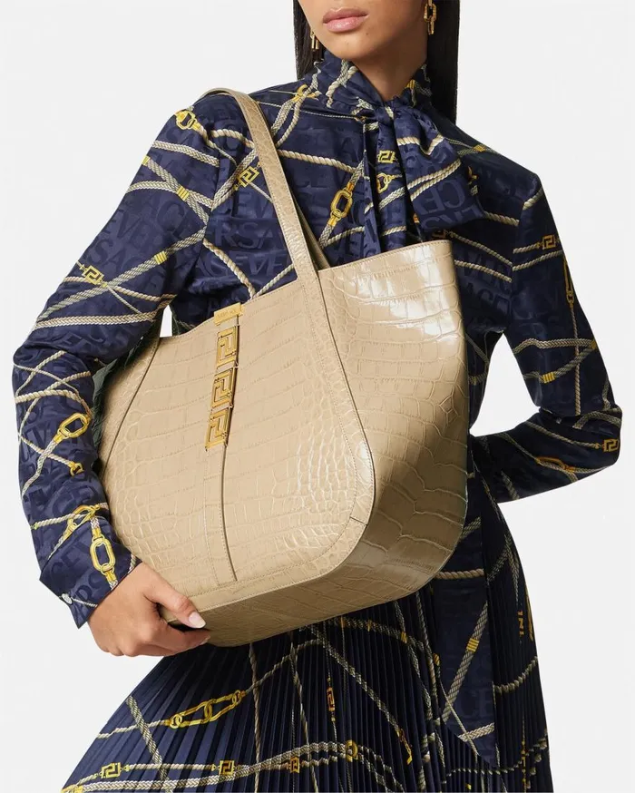 Versace Totes CrocEffect Greca Goddess Large Tote Bag Beige 8211 Women Versace Totes CrocEffect Greca Goddess Large Tote Bag Beige 8211 Women