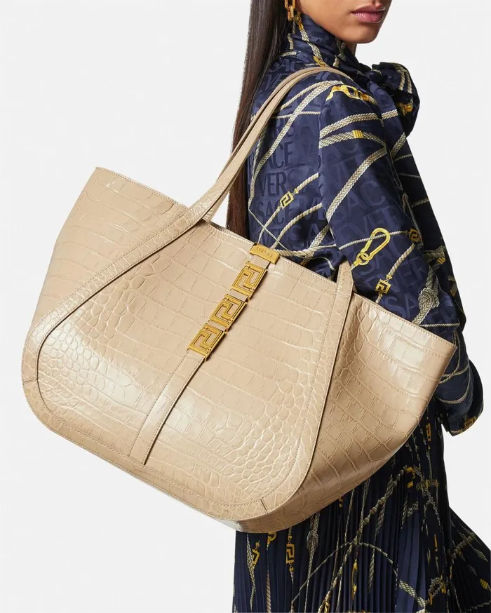 Versace Totes CrocEffect Greca Goddess Large Tote Bag Beige 8211 Women Versace Totes CrocEffect Greca Goddess Large Tote Bag Beige 8211 Women