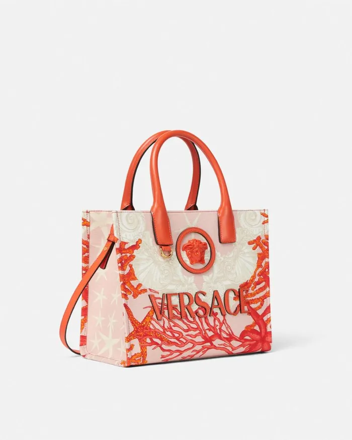Versace Totes La Medusa Barocco Sea Small Canvas Tote Bag Coral 8211 Women Versace Totes La Medusa Barocco Sea Small Canvas Tote Bag Coral 8211 Women