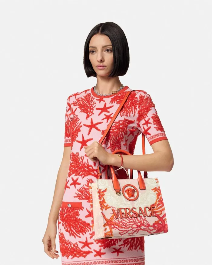 Versace Totes La Medusa Barocco Sea Small Canvas Tote Bag Coral 8211 Women Versace Totes La Medusa Barocco Sea Small Canvas Tote Bag Coral 8211 Women