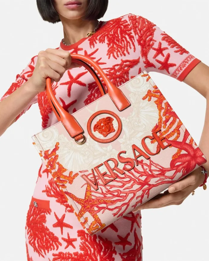 Versace Totes La Medusa Barocco Sea Small Canvas Tote Bag Coral 8211 Women Versace Totes La Medusa Barocco Sea Small Canvas Tote Bag Coral 8211 Women