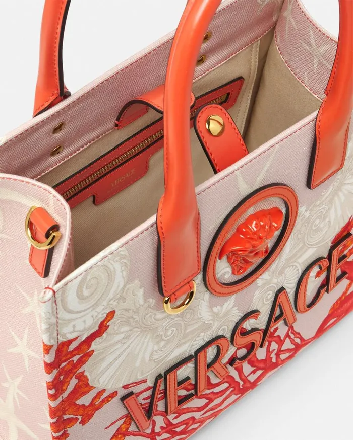 Versace Totes La Medusa Barocco Sea Small Canvas Tote Bag Coral 8211 Women Versace Totes La Medusa Barocco Sea Small Canvas Tote Bag Coral 8211 Women