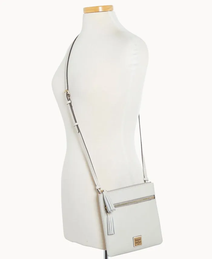 Woman Saffiano Double Zip Tassel Crossbody Ecru Dooney and Bourke Crossbodies Woman Saffiano Double Zip Tassel Crossbody Ecru Dooney and Bourke Crossbodies