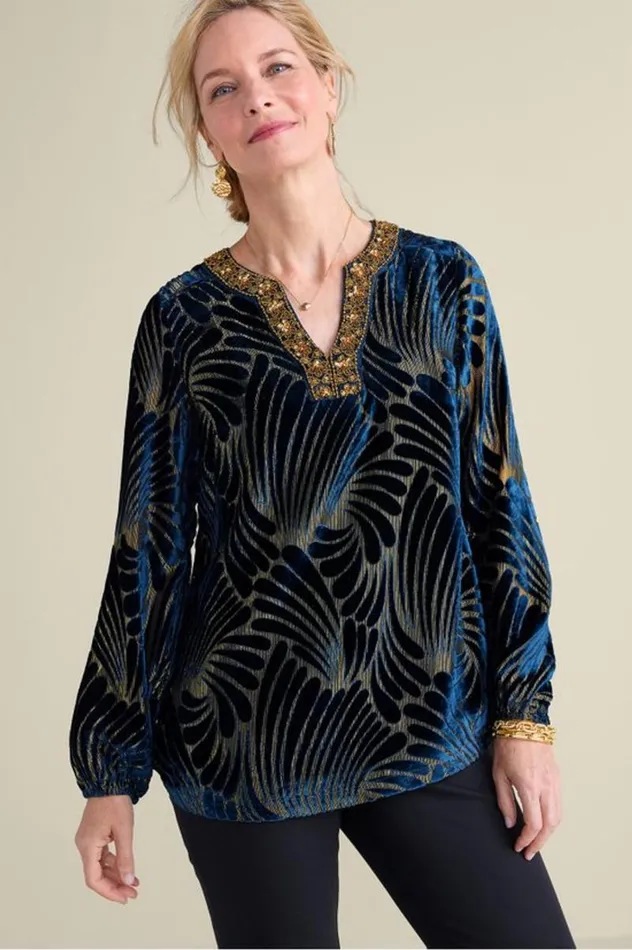 Women Adrienne Embroidered Velvet Tunic Blue Swirl Velvet Burnout Soft Surroundings Tops