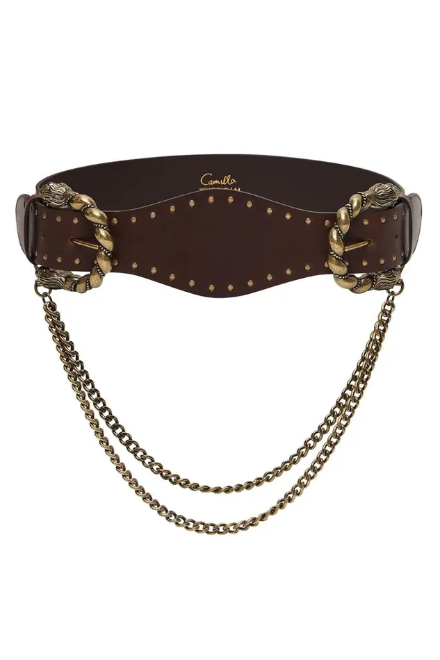Women Belts Camilla Double Lion Buckle Belt With Chain Solid Brown