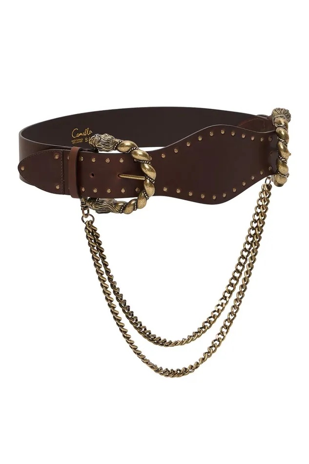Women Belts Camilla Double Lion Buckle Belt With Chain Solid Brown