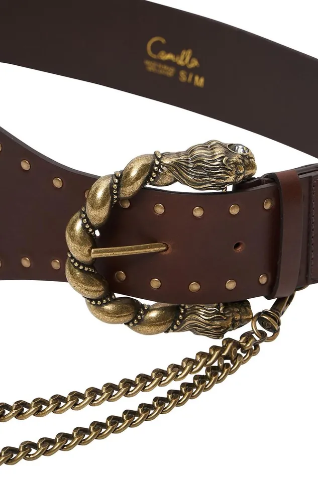 Women Belts Camilla Double Lion Buckle Belt With Chain Solid Brown