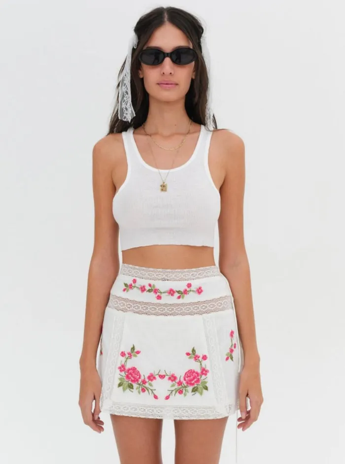 Women Bottoms For Love and Lemons Jolene Embroidered Mini Skirt White