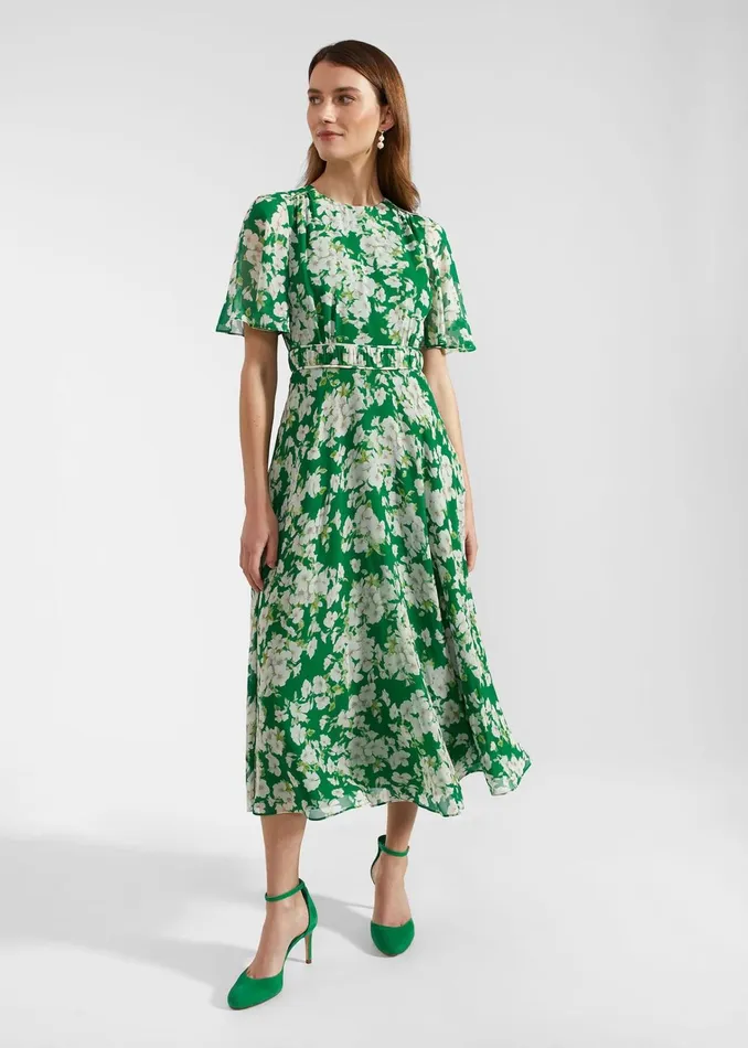 Women Bronwyn Silk Midi Dress Green Multi Hobbs Dresses and Jumpsuits