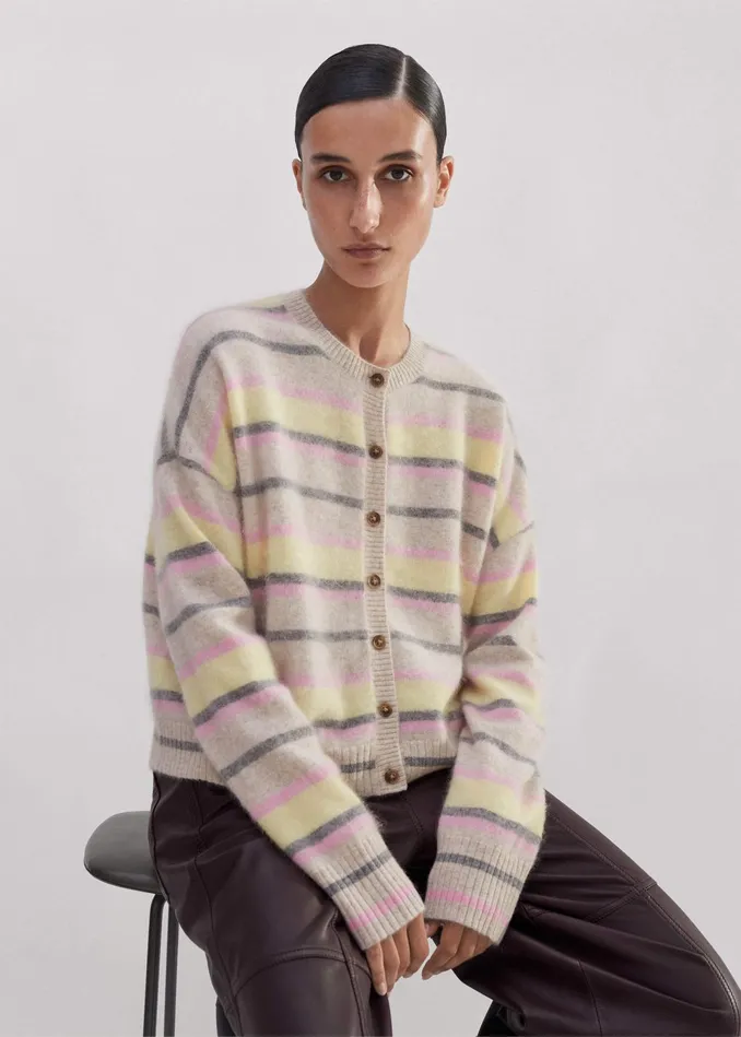 Women Brushed Cashmere Crew Neck Stripe Cardigan Oatmeallemonpinkgrey MEEM