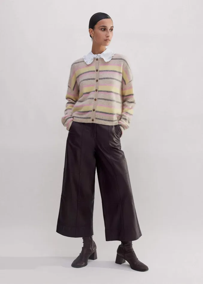 Women Brushed Cashmere Crew Neck Stripe Cardigan Oatmeallemonpinkgrey MEEM