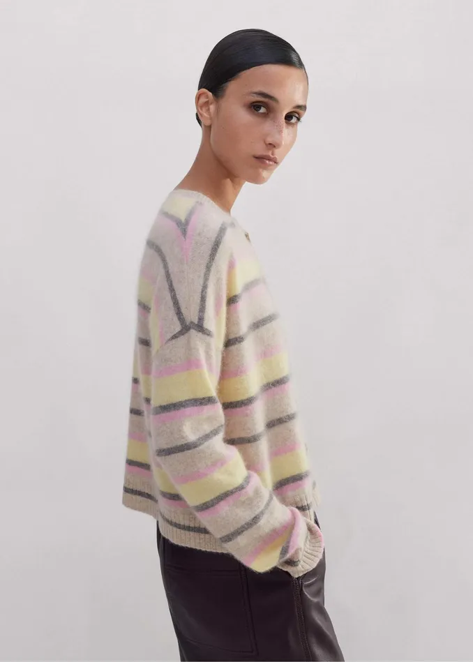 Women Brushed Cashmere Crew Neck Stripe Cardigan Oatmeallemonpinkgrey MEEM