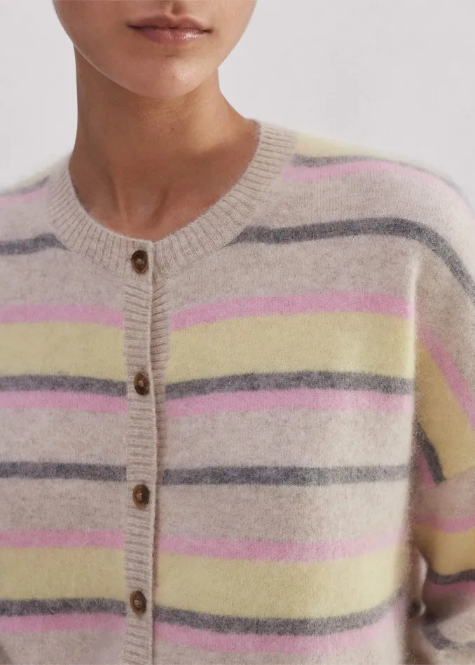 Women Brushed Cashmere Crew Neck Stripe Cardigan Oatmeallemonpinkgrey MEEM