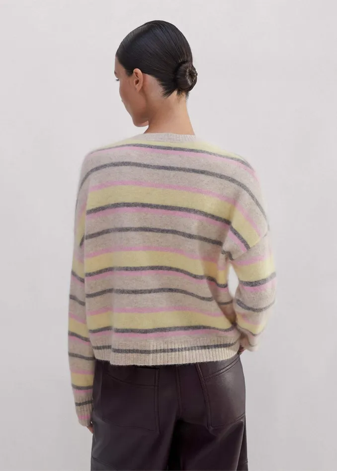 Women Brushed Cashmere Crew Neck Stripe Cardigan Oatmeallemonpinkgrey MEEM