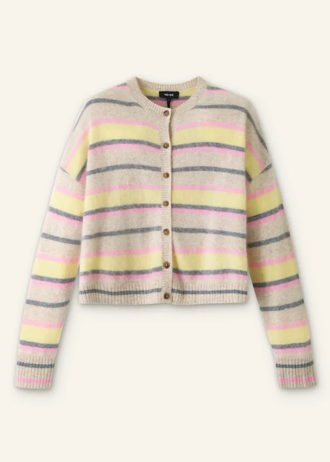 Women Brushed Cashmere Crew Neck Stripe Cardigan Oatmeallemonpinkgrey MEEM
