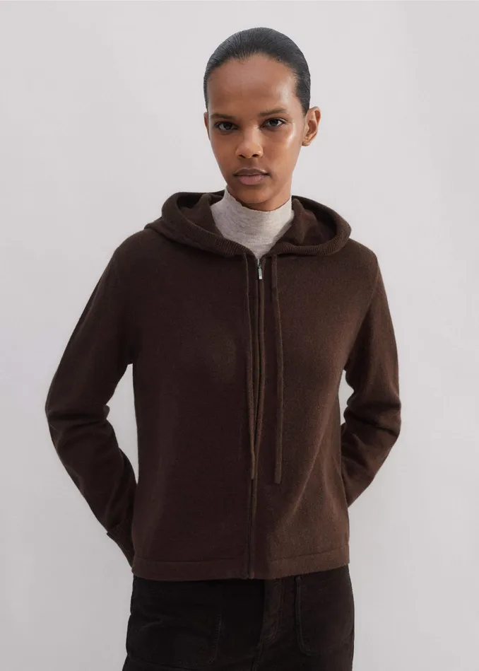 Women Cashmere Relaxed Fit Box Zip Hoodie Espresso Brown MEEM