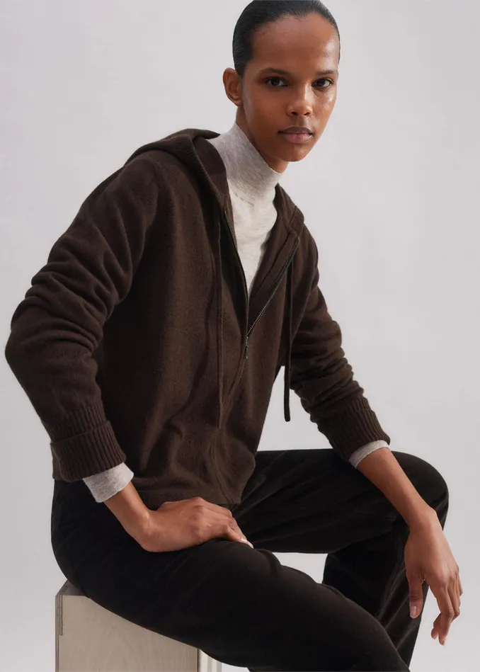Women Cashmere Relaxed Fit Box Zip Hoodie Espresso Brown MEEM