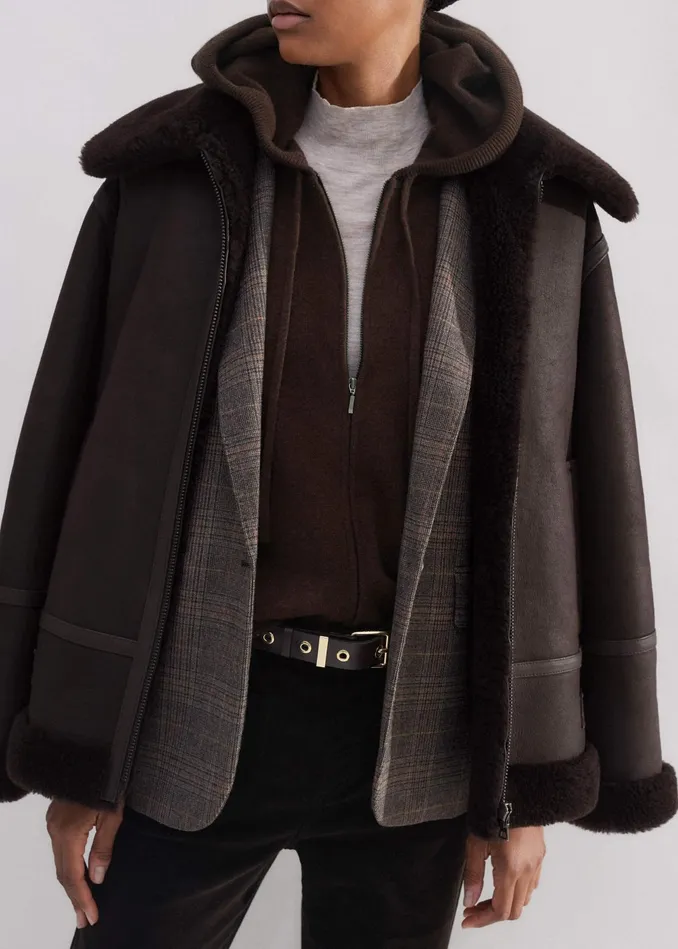 Women Cashmere Relaxed Fit Box Zip Hoodie Espresso Brown MEEM