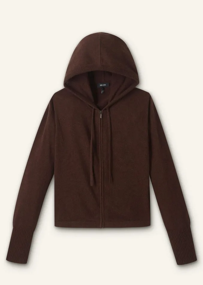 Women Cashmere Relaxed Fit Box Zip Hoodie Espresso Brown MEEM