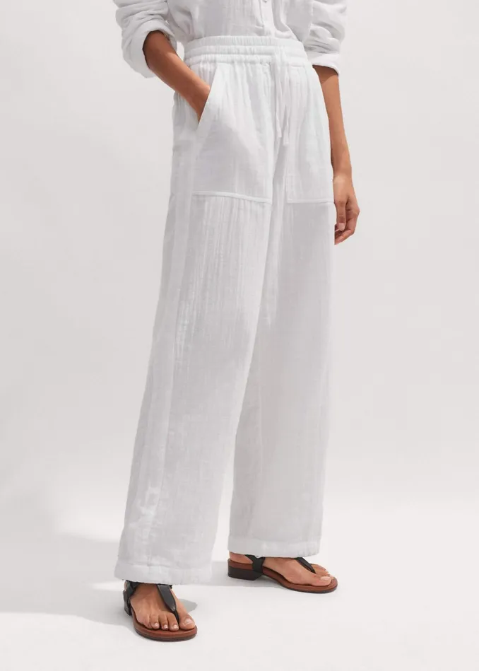 Women Cheesecloth Drawstring Hem Pant Soft White MEEM