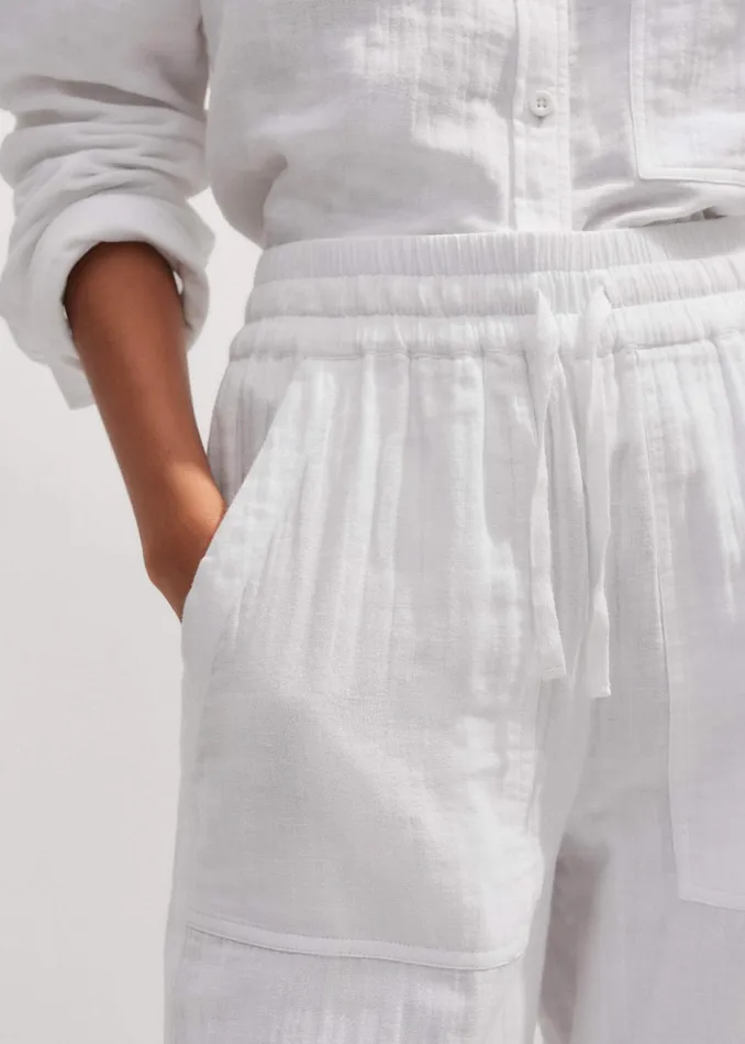 Women Cheesecloth Drawstring Hem Pant Soft White MEEM