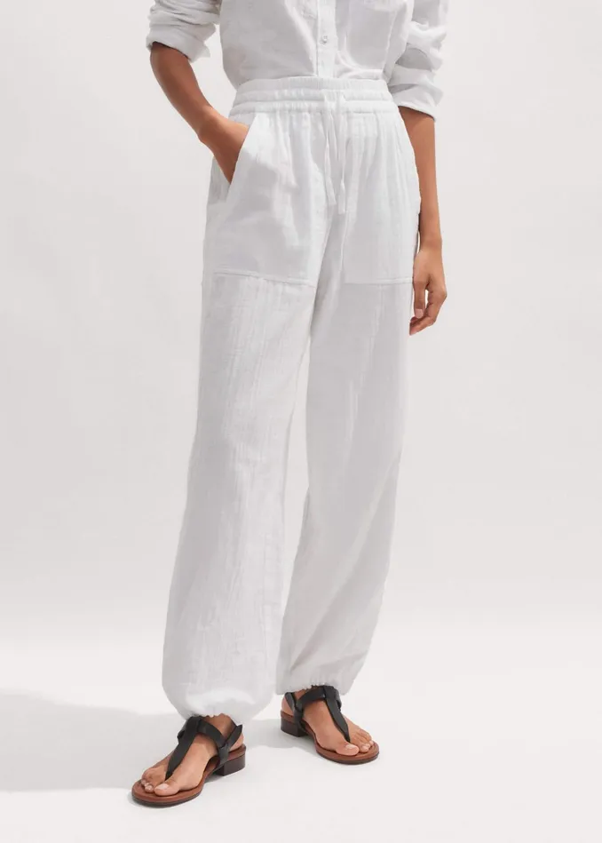 Women Cheesecloth Drawstring Hem Pant Soft White MEEM