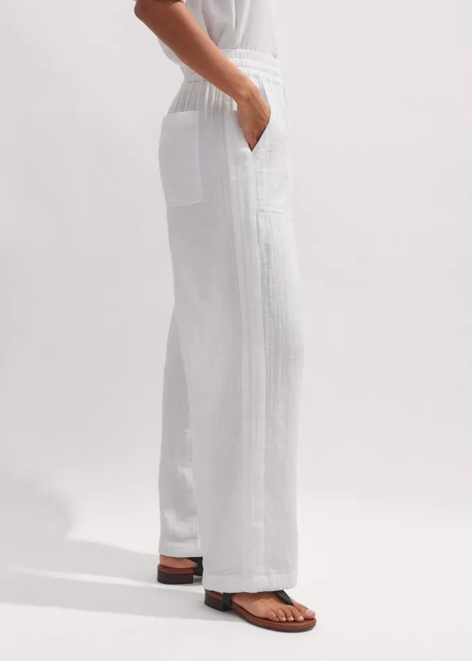 Women Cheesecloth Drawstring Hem Pant Soft White MEEM